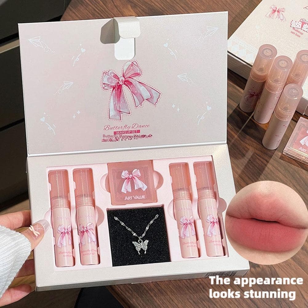 ArtValue Butterfly Cosmetics Set Lip Gloss Tint Batom Fosco De Longa Duração Presente De Ano Novo P0O4