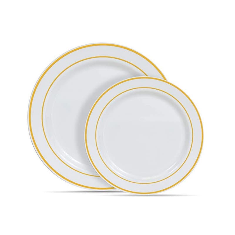 Pratos descartáveis de plástico para jantar de 6, 7,5, 9 e 10,25 polegadas, pratos dourados de PS de qualidade alimentar