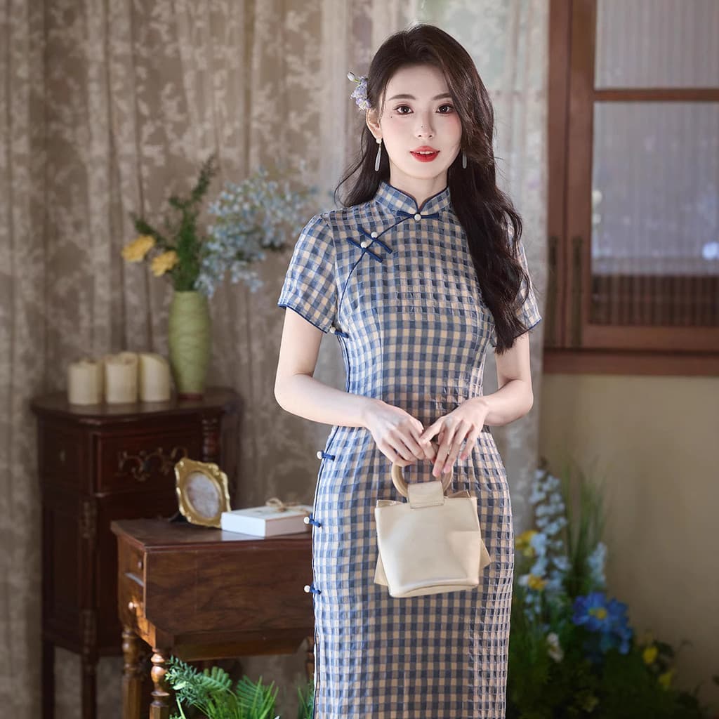 T Tang Yilian Azul Pequena Treliça Novo Chinês Cheongsam 2026 Novo Estilo Melhorado Estilo Jovem Menina República da Chi