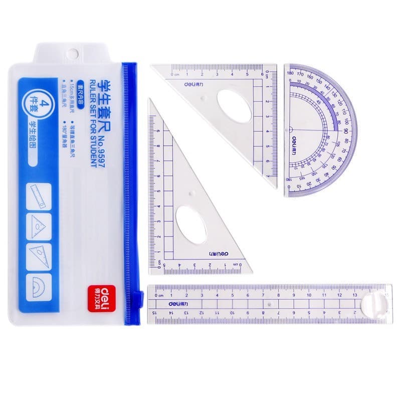 Deli 9597 Conjunto de Régua Conjunto de 4 Peças Régua de Desenho Conjunto de Régua Triângulo Transferidor Alunos da Esco