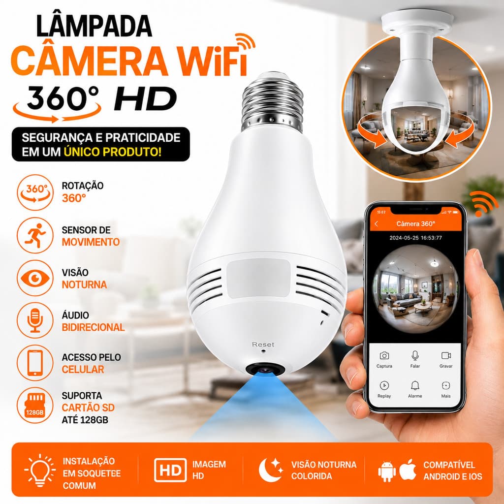 Câmera Lâmpada WiFi HD 360° Visão Noturna Sensor de Movimento Áudio e App fushang