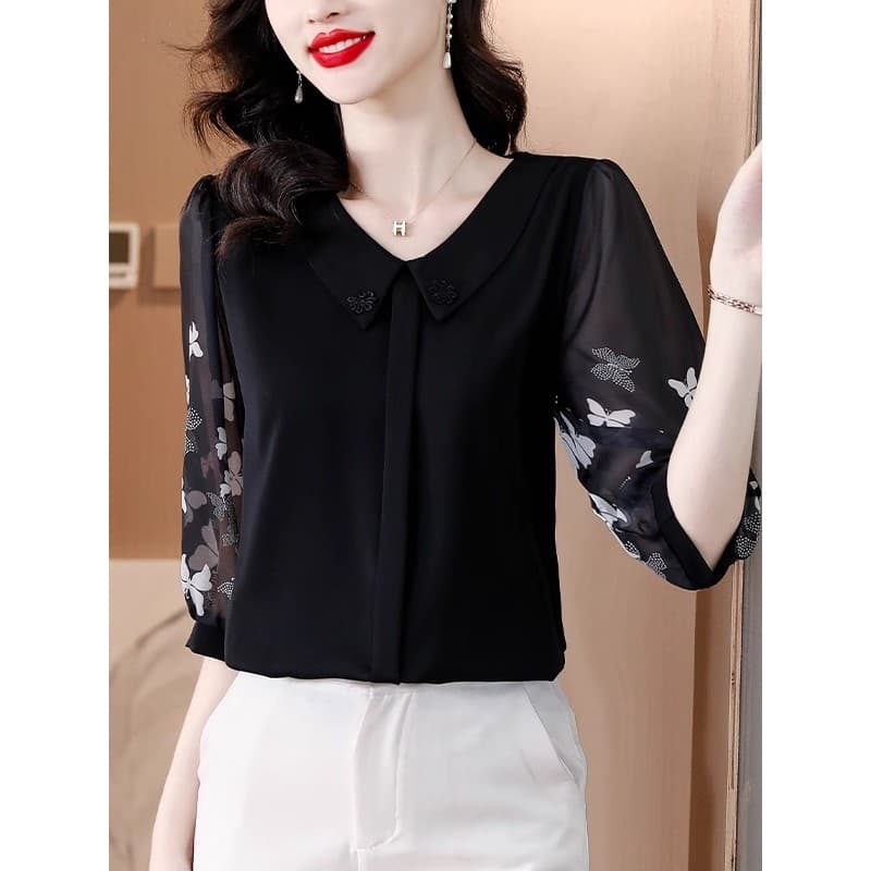 Camisa de Chiffon de manga de três quartos feminina verão 2026 novo estilo preto camisa de manga média mãe de meia-idade
