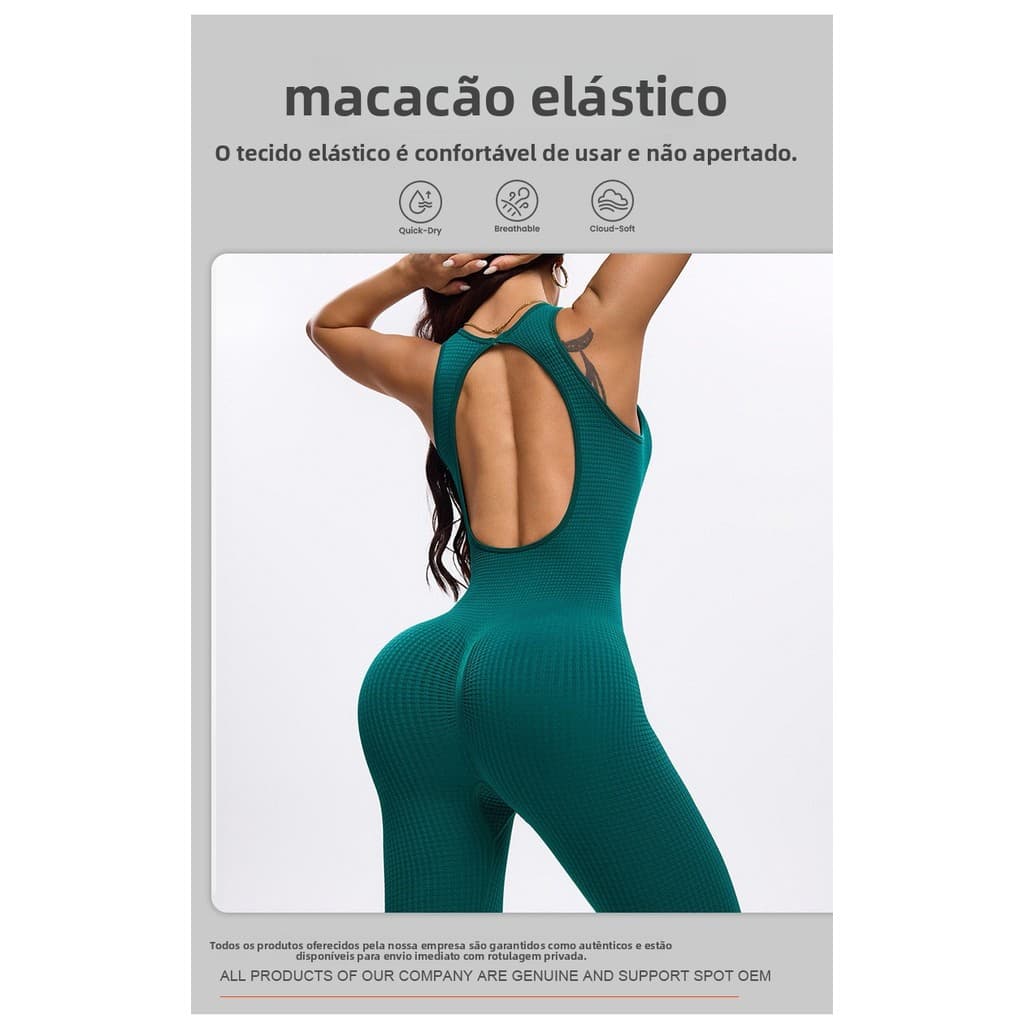 Macacão esportivo de ioga sem costura, body com costas vazadas, macacão de fitness.