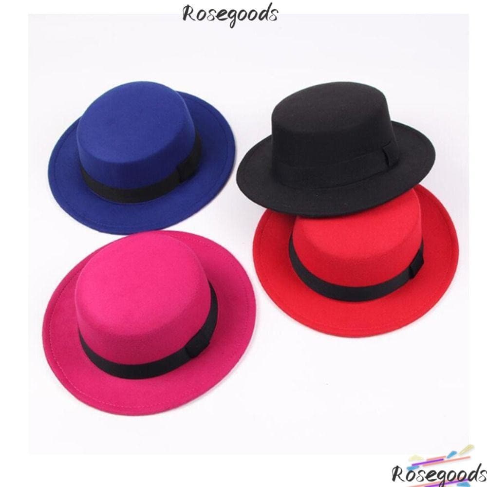 Chapéus Fedora Femininos ROSEGOODS, Bowler Elegante de Feltro de Cor Sólida, Chapéu de Jazz Masculino com Topo Liso e Ab