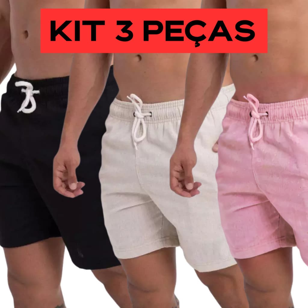 Kit 3 Short De Linho Bermuda Mauricinho Masculino Curto Com Bolso Qualidade Premium Verão