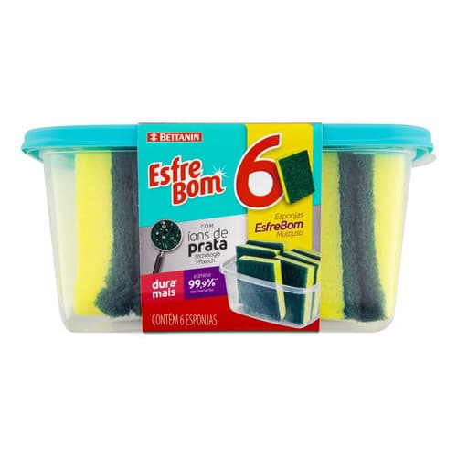 Esponja Esfrebom Multiuso Dupla Face De Fibra Com Ions De Prata Amarelo Pacote X 6