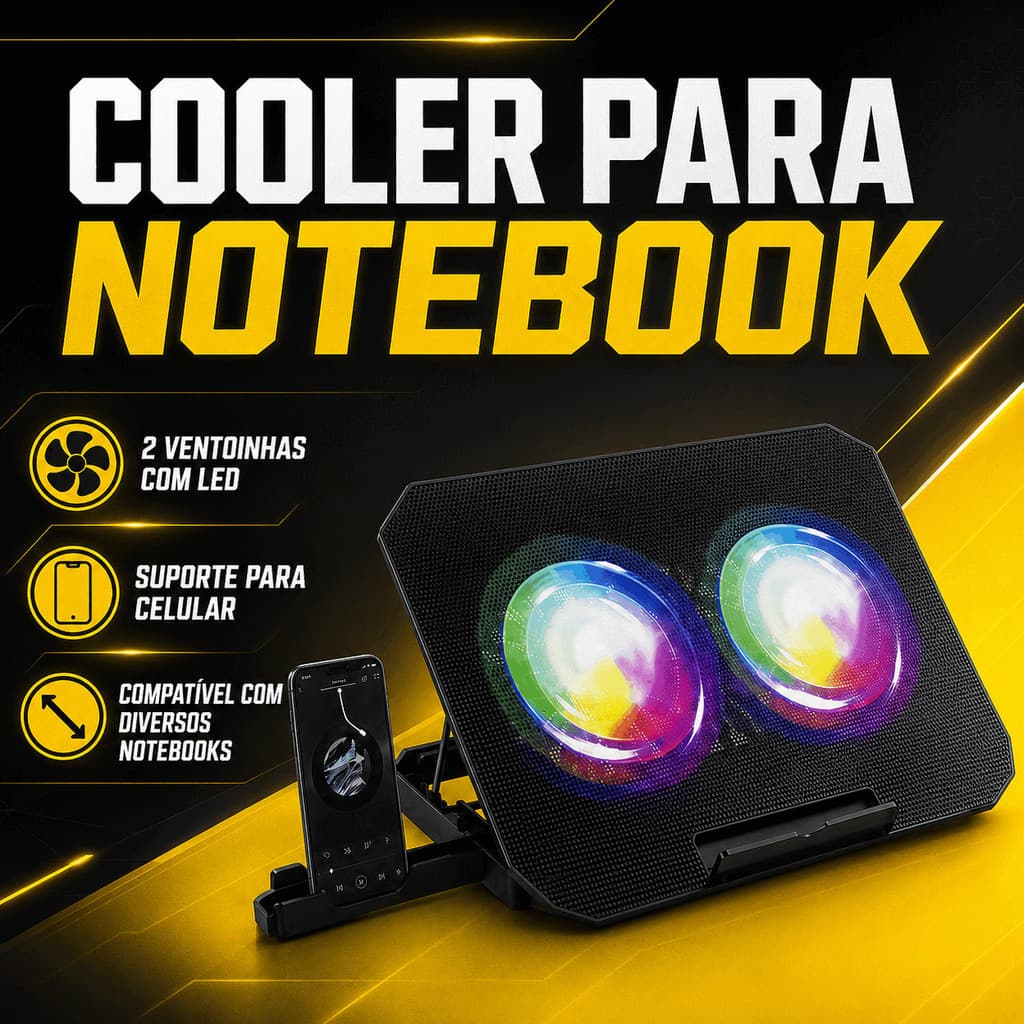 Cooler para Notebook B-MAX BM-765 com 2 Ventoinhas LED, Suporte Ajustável e Apoio para Celular