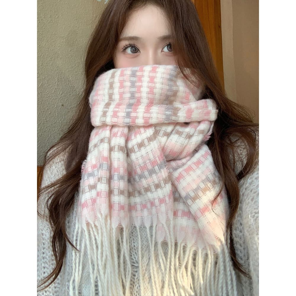 Versão coreana arco-íris xadrez cachecol feminino inverno estilo japonês imitação de caxemira borla xale exterior quente
