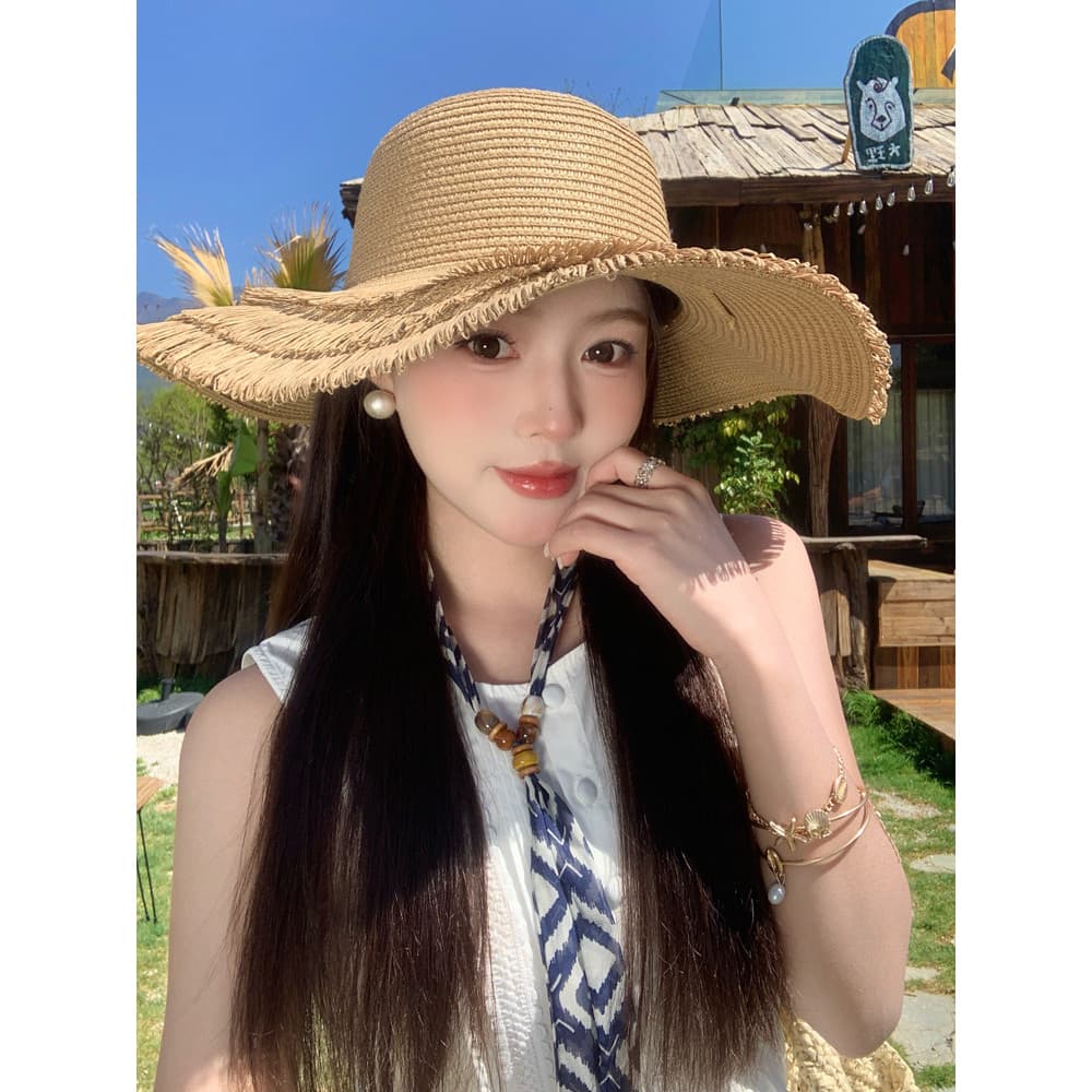 2026 novo estilo verão férias à beira-mar chapéu de palha feminino aba grande guarda-sol chapéu de sol All-Match moda pr