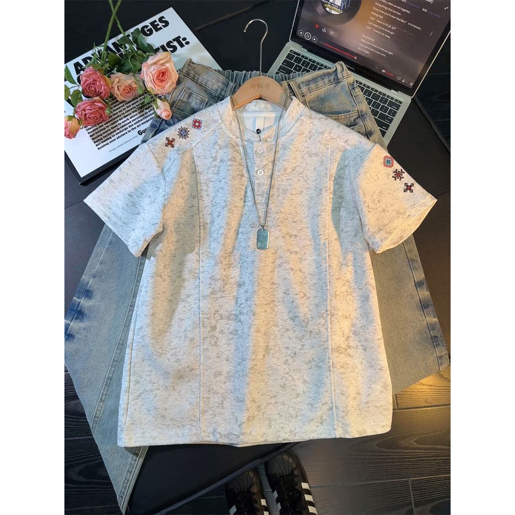 Estilo étnico bordado Tie-Dye Henry gola alta camiseta masculina verão High-End perfil pesado manga curta Formal ombro m