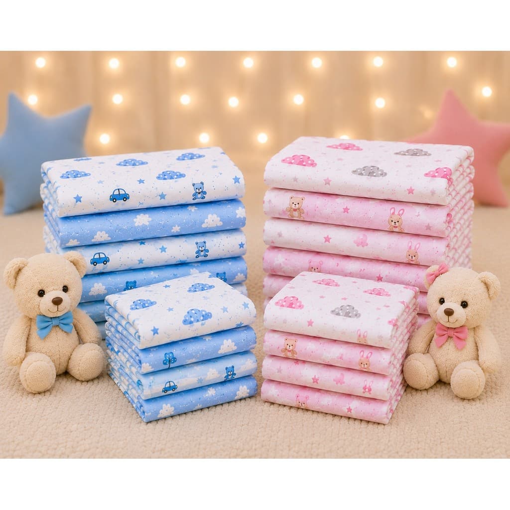 Kit 5 Fralda de Pano Bebê Estampada Minasrey 60x60cm 100% Algodão Menina Menino
