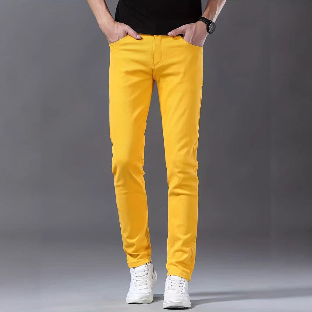Calças Jeans Masculinas Elásticas, Calças Masculinas Estilo Ciclista, Calças Jeans Amarelas Casual de Negócios