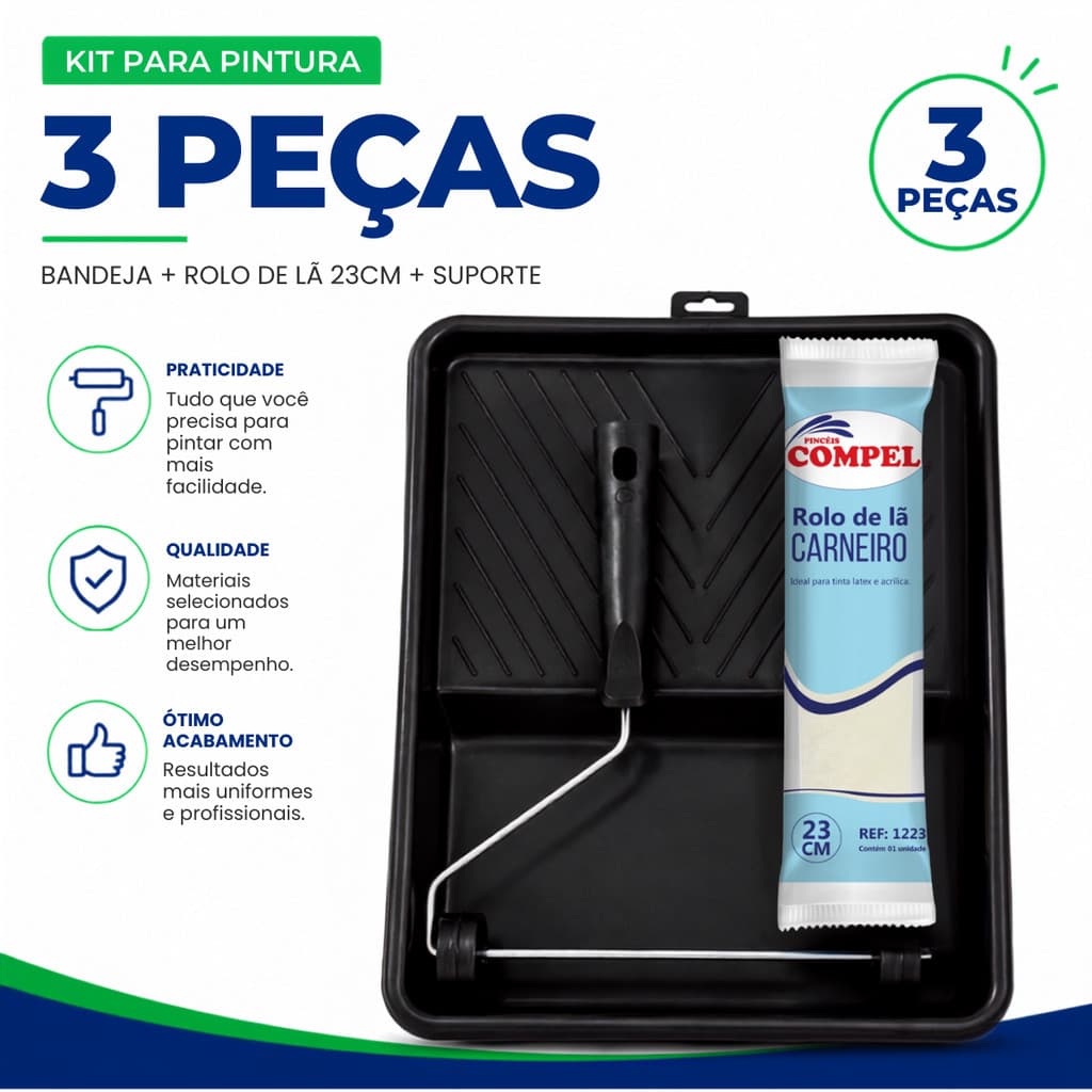 Kit pintura 3 peças Bandeja grande + rolo lã carneiro + suporte de pressão