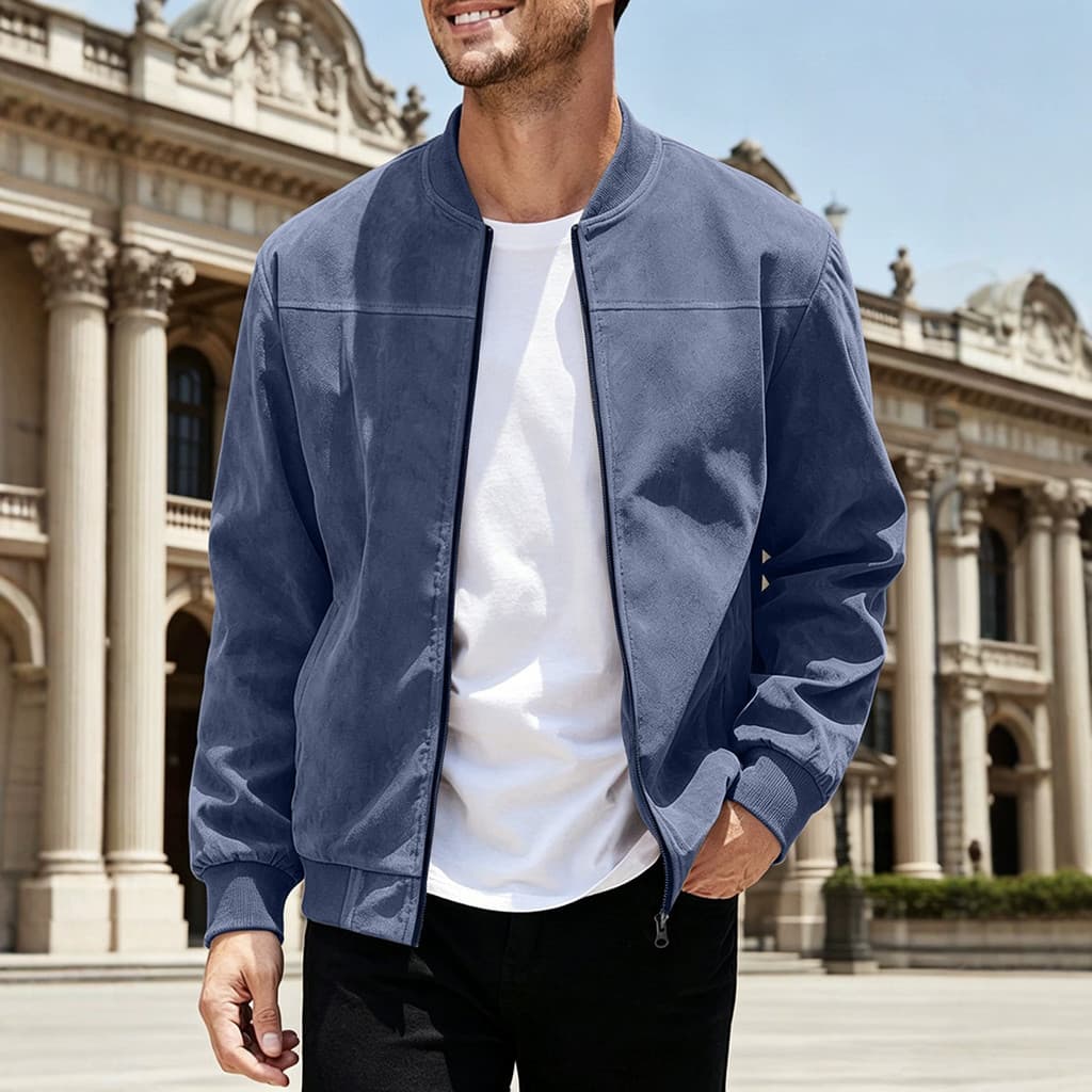 Jaqueta Bomber masculina de camurça com zíper europeu americano cor sólida costura Design jaqueta simples