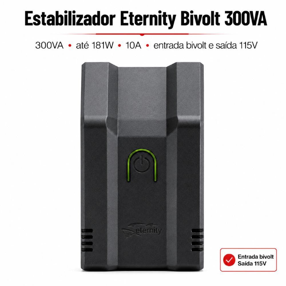 Estabilizador de Energia Protetor para Eletrodomésticos 300VA Eternity Computador Geladeira TV Bivolt Preto Force Line