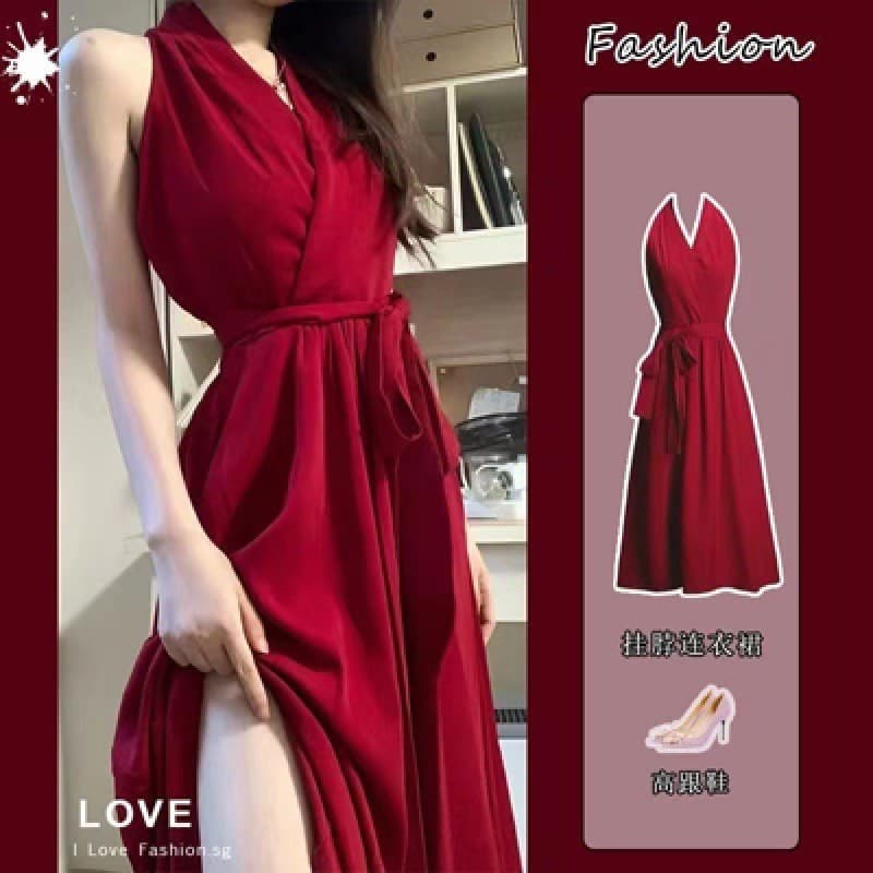 Início do verão novo estilo vermelho Halter vestido feminino A linha Yujie cinta de cintura estreita magro-ajuste saia d