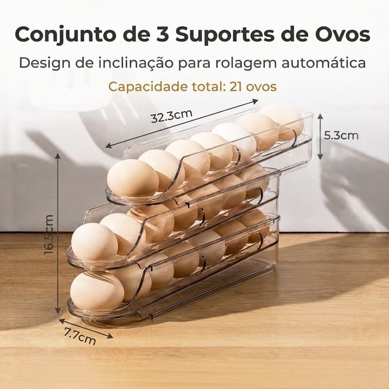Porta Ovos com 3 Andares Organizador para Geladeira Rolante de Plástico 21 Ovos e 42 Ovos