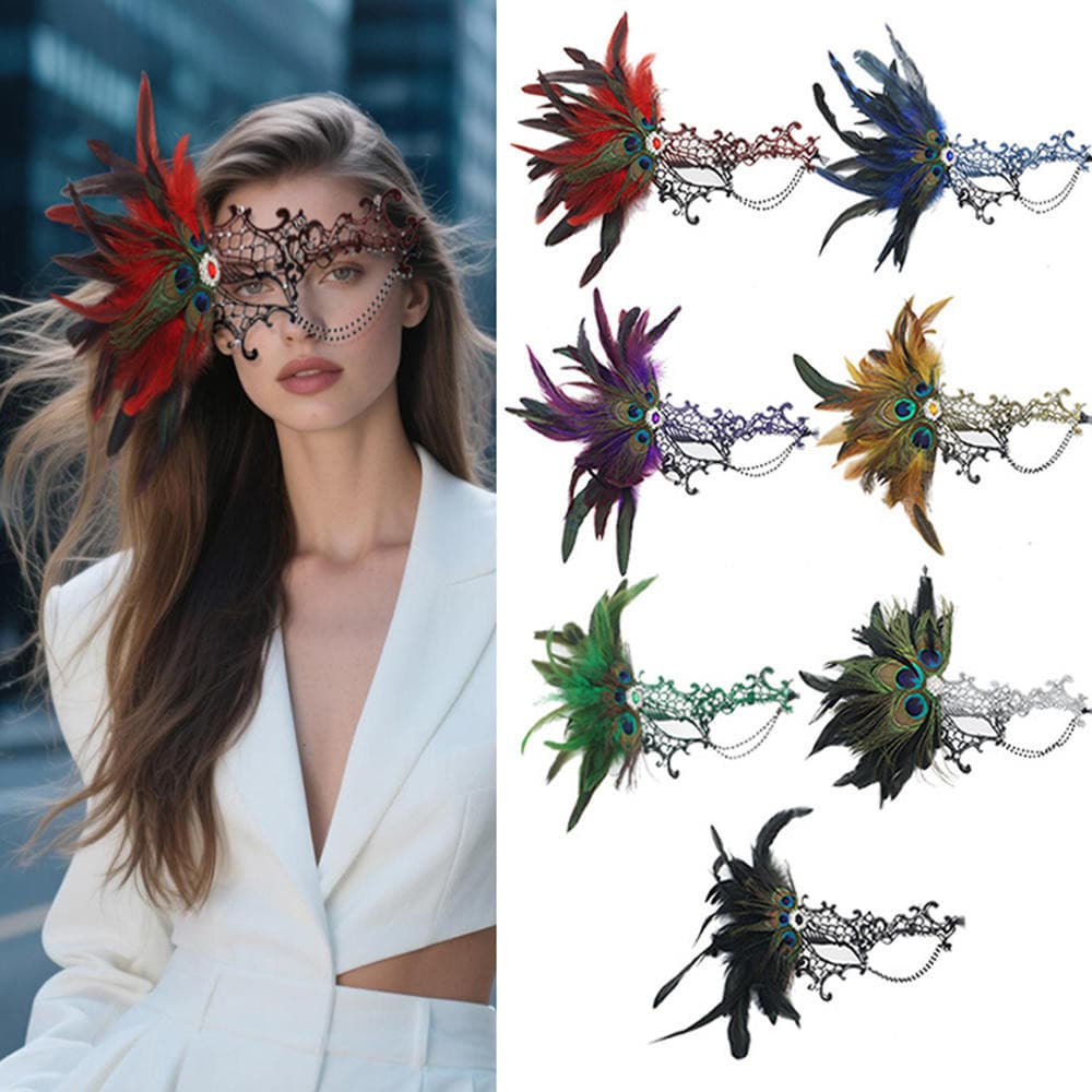 Máscara de Renda com Penas para Mulheres, Meia-Face, Olhos Pretos, Halloween, Carnaval, Fantasia, Festa, B