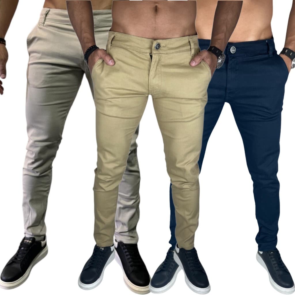Kit 3 Calças Sarja Alfaiataria Slim Fit Masculina Premium Visual Refinado