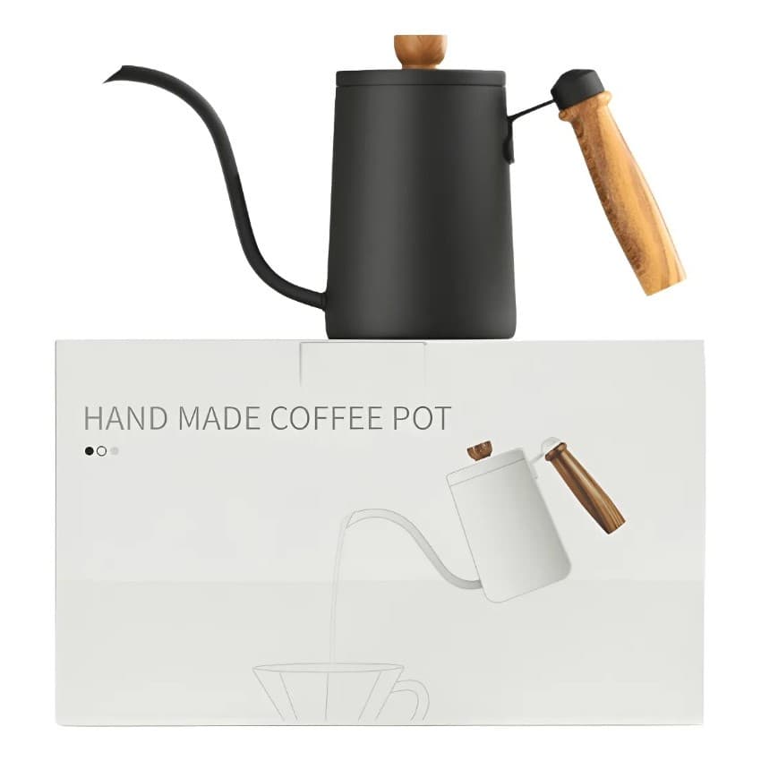 Chaleira Bule Bico de Ganso Aço Inox 304 Bico fino e Longo Barista Para servir Cha Cafe Cafe Preto Branca E Inox 600ml