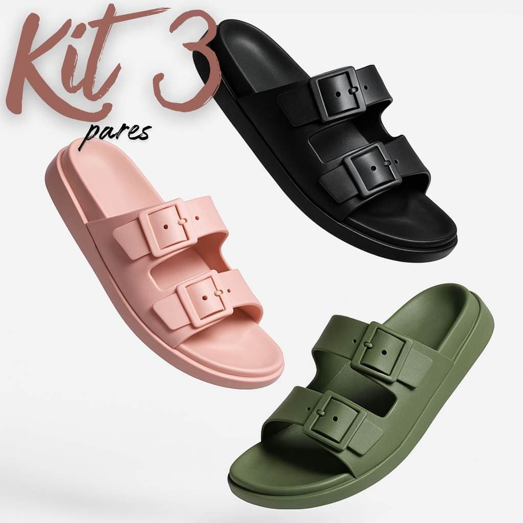 Kit 3 Pares Sandália Papete Birken Feminina Casual e Moderna com Duas Fivelas