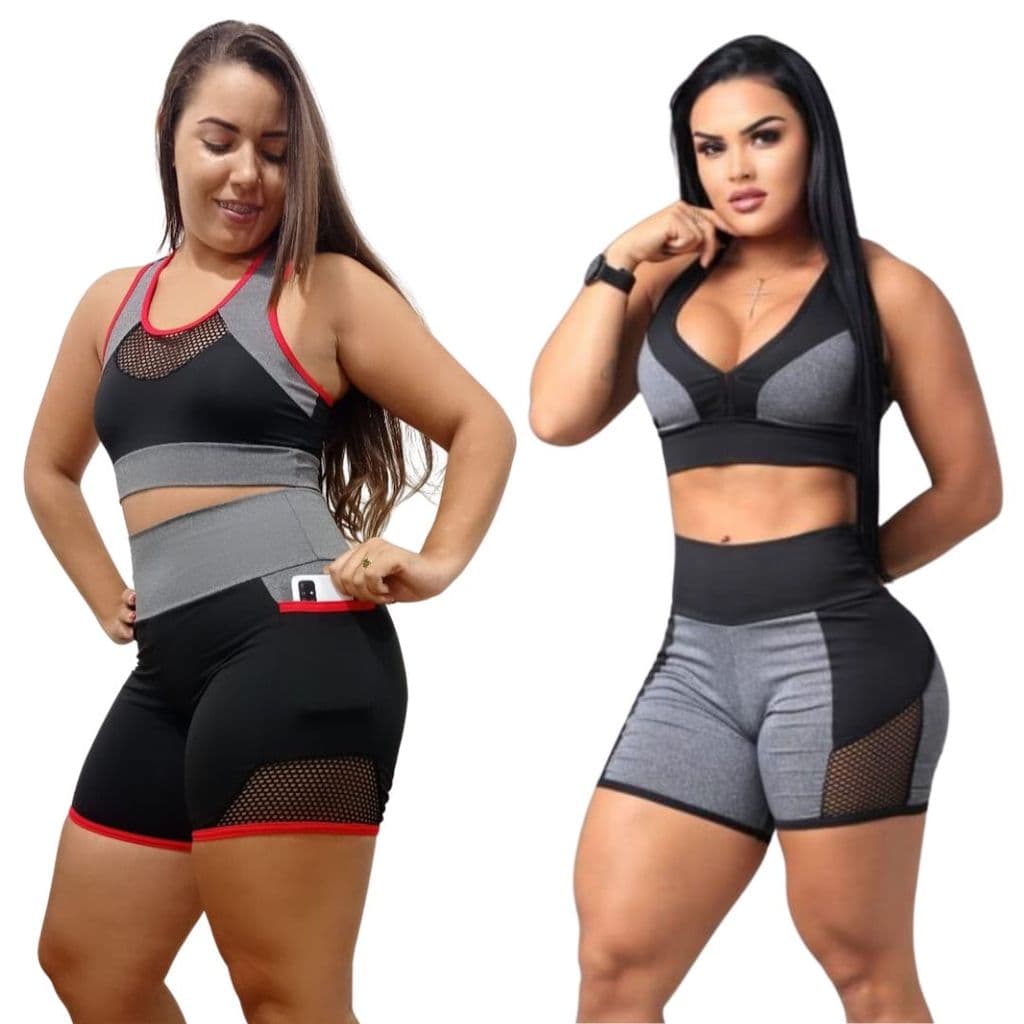 Kit 2 Conjuntos Fitness Feminino Top e Short Com e Sem Bolso Academia