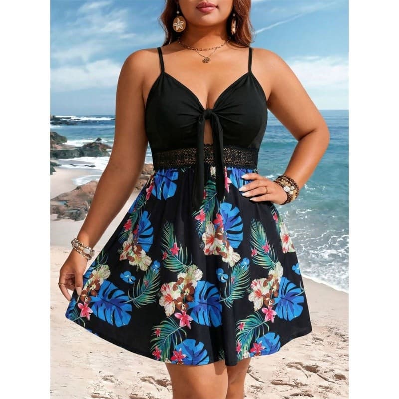 XL-4XL Vestido Feminino Senhoras Saia Deslizante Flor Impressa Renda Cintura Suspender Curta