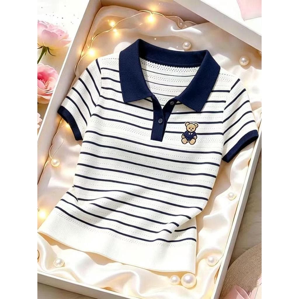 [40-100kg] Estilo formal listrado urso bordado gola polo camiseta de manga curta feminina verão estilo coreano topo