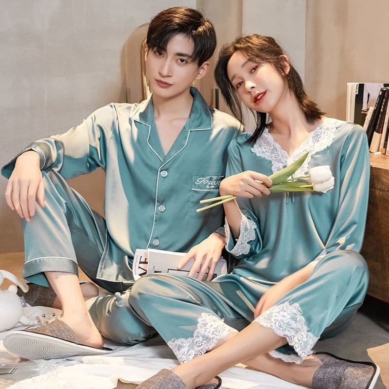 Casal pijamas de seda versão coreana estilo fino gelo seda Chiffon terno feminino solto tamanho grande manga comprida ro