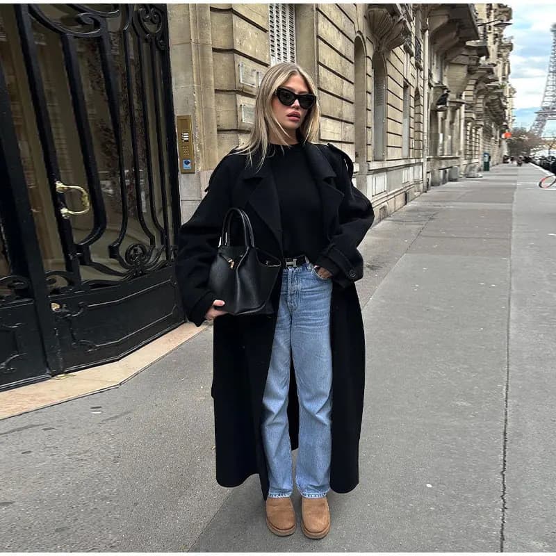 Casaco trespassado europeu americano feminino longo blusão temperamento lapela Casual manga longa casaco trespassado