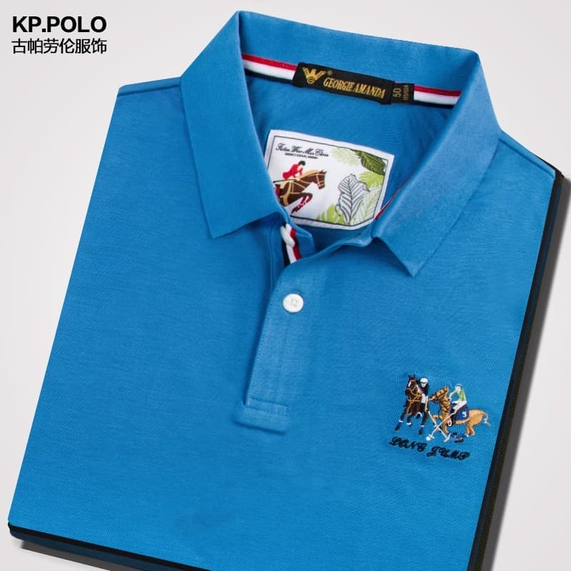 Primavera verão mercerizado algodão Paul azul manga curta camiseta masculina lapela negócios Casual colarinho topo cor s