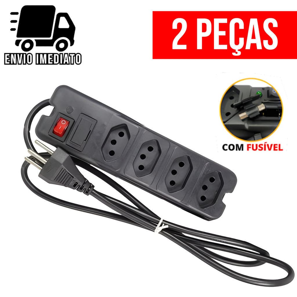 Kit 2 Filtro de Linha 4 Tomadas Régua de Tomada com Fusível Extensão Elétrica Bivolt Tripolar