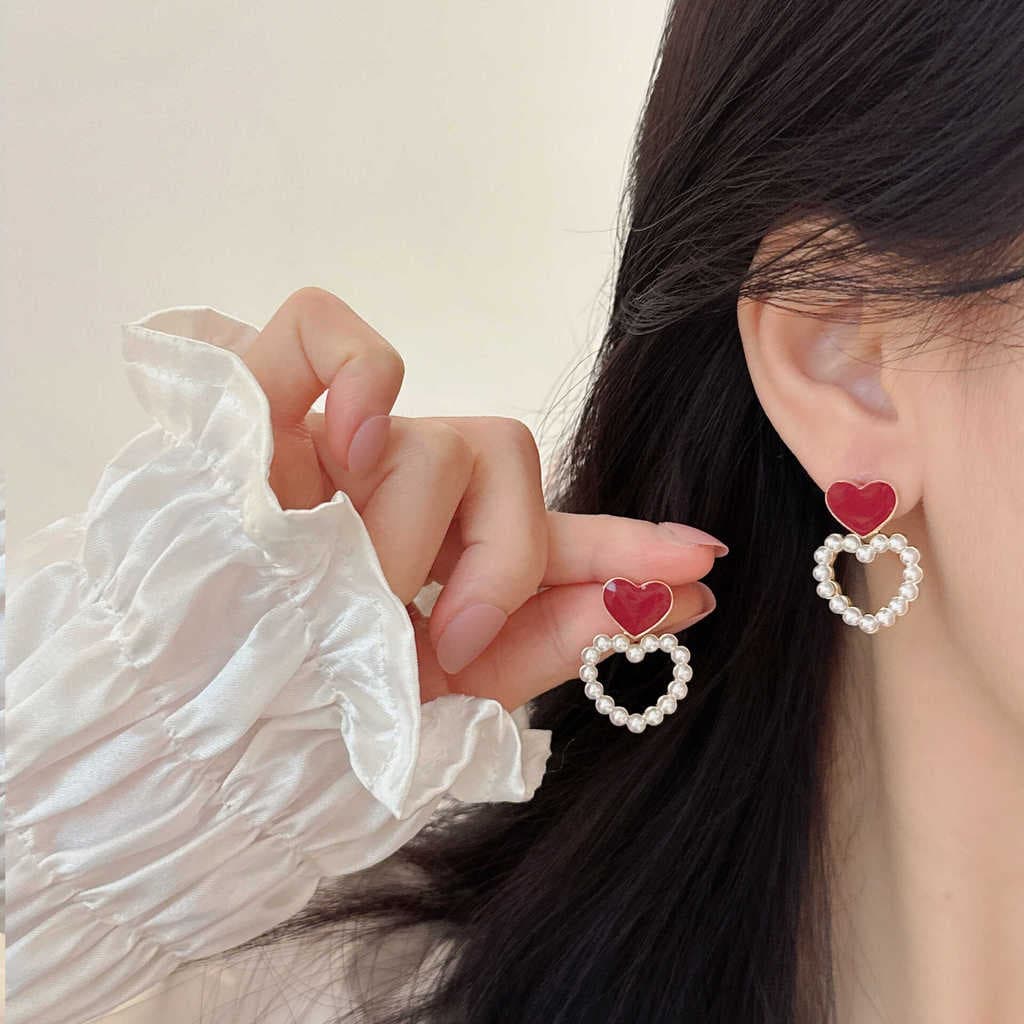 | 【cartelas de brincos feminino】 | kit brinco aço inoxidável ✫Retro estilo Hong Kong vermelho amor pérola brincos femini