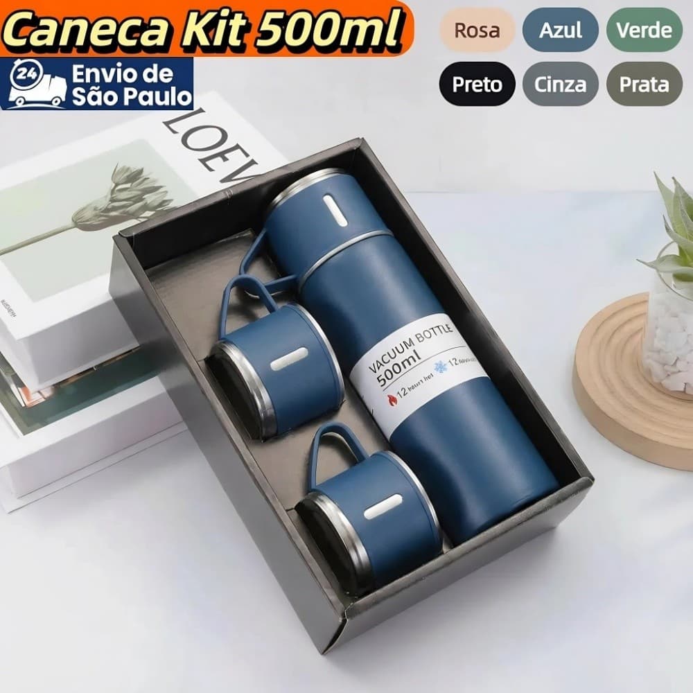 Garrafa Térmica Vacuum em Aço Inoxidável 500ml Acompanhada de 3 Xícaras para Bebidas Quentes e Frias