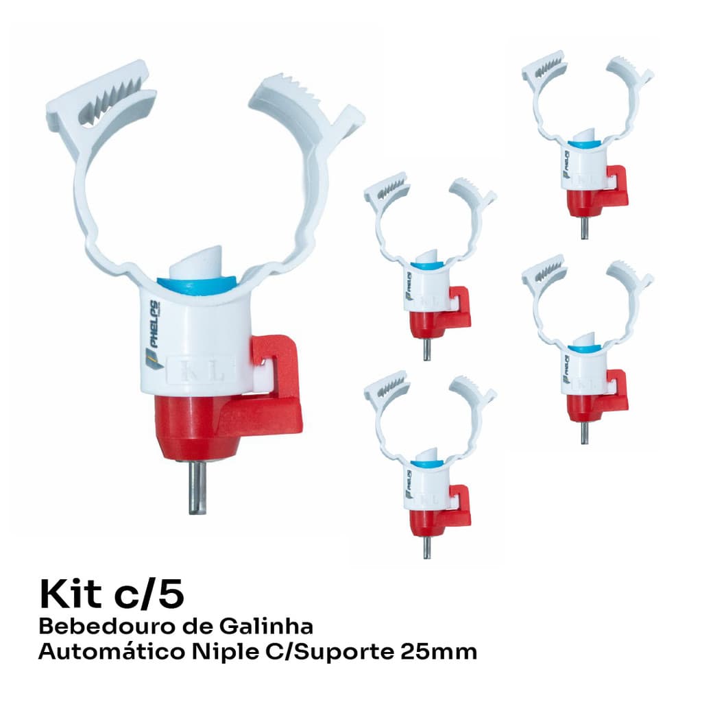 Kit c/5 Bebedouro de Galinha Automático Niple C/Suporte 25mm