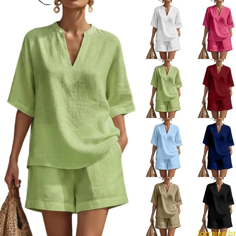 lORI Conjunto Feminino shorts Linho Duas Peças, Férias, Decote V, Curta, Roupa Praia, Pijama S