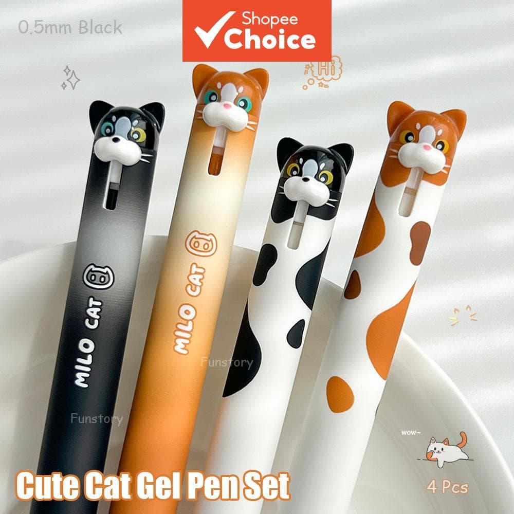 Conjunto De Canetas De Gel De Gato Fofo 4 Peças 0.5 Mm Pretas De Secagem Rápida Para Animais Divertidos Escritório De Es
