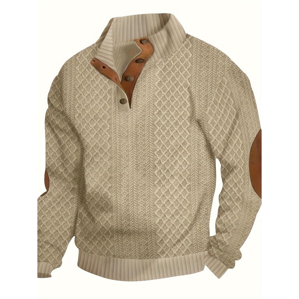 Suéter Masculino Casual Esportivo com Padrão de Diamante em Tricô Jacquard com Detalhe de Botões - Gola Alta, Manga Long