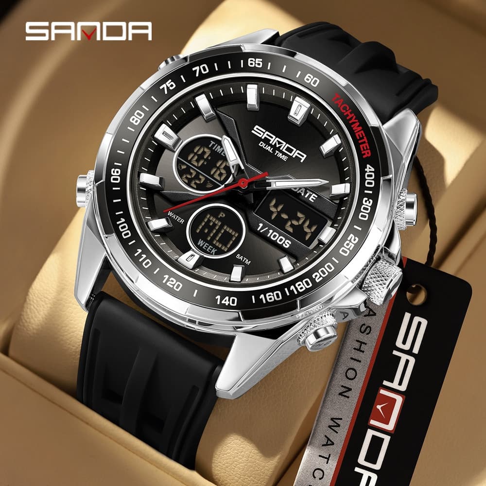 SANDA 6281 Relógio De Pulso Eletrônico Multifuncional Masculino À Prova D'água Com Display Duplo E Alarme Luminoso-8
