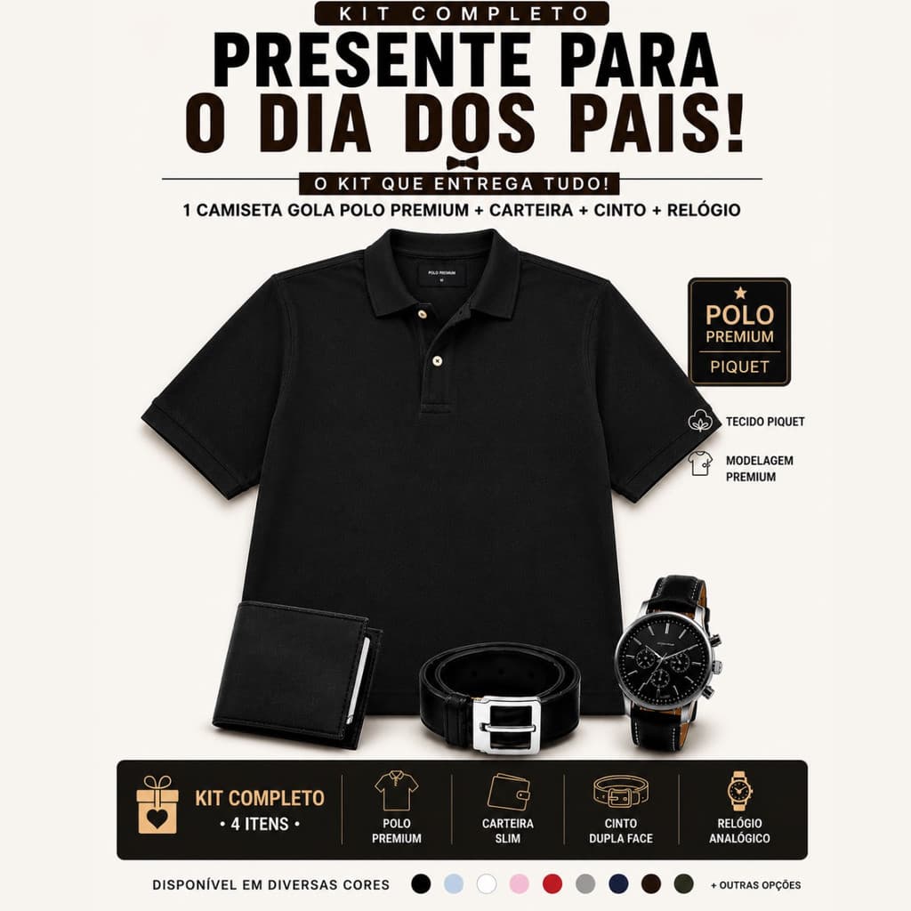 Kit Presente Masculino Dia Dos Pais Camiseta Polo Relógio Carteira Cinto Ideal Perfeito