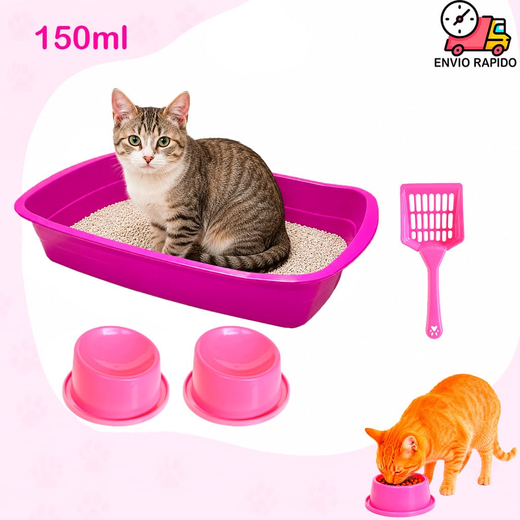 Bandeja Caixa de Areia Para Gatos Com Pá HIgiênica Coletora Comedouro E Bebedouro Elevado 150ml