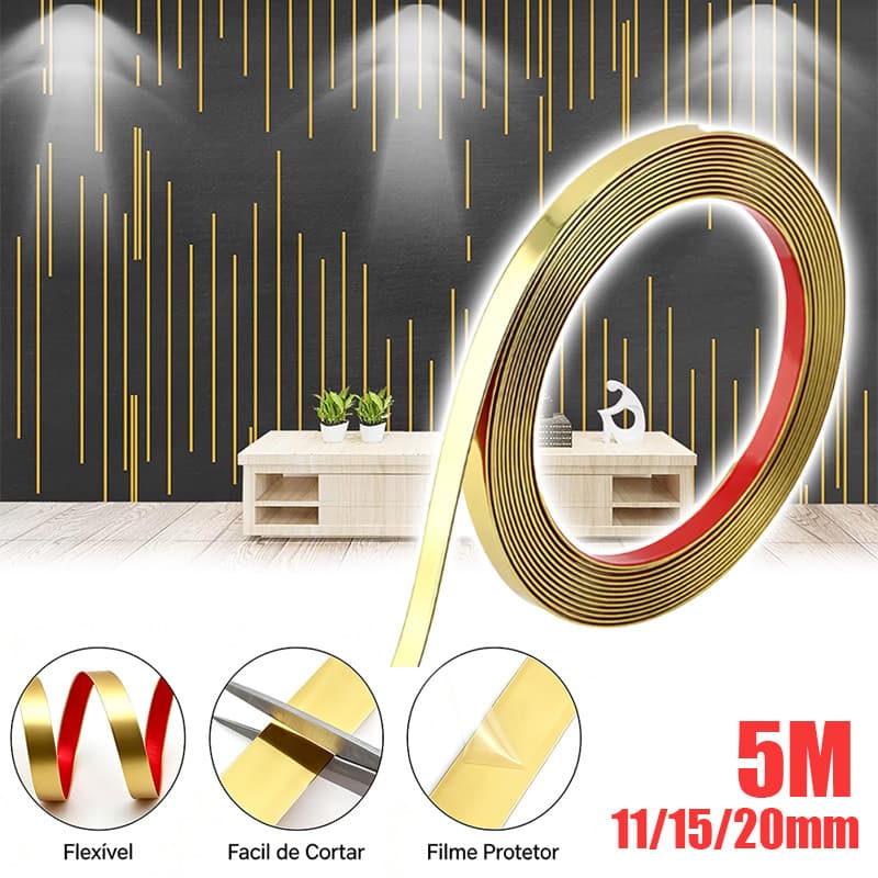 Fita Metalizada Pvc Adesivo Dupla Face 11/15/20mm X 5m Decoração Resistente Para Ambientes Internos