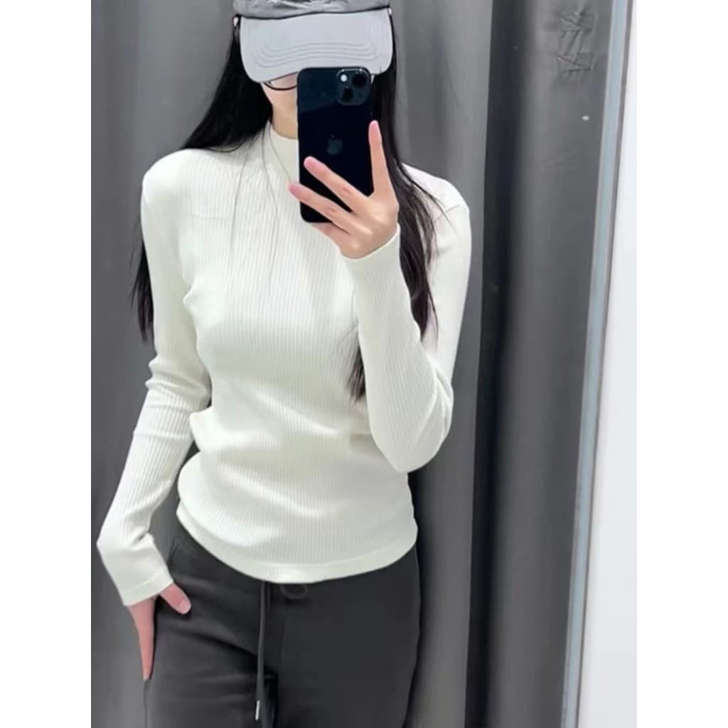 Japonês único 2024 outono feminino camisa de manga comprida com nervuras meia gola alta camiseta magro-F470126