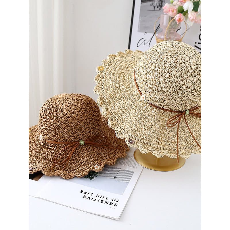 Chapéu de palha com laço feminino verão fresco dobrável chapéu de praia chapéu à beira-mar feminino guarda-sol protetor