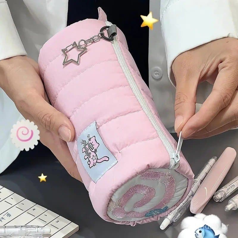 Rosa Toalha Rolo Lápis Caso Kawaii Macio Caneta Saco De Armazenamento Cosméticos Dos Desenhos Animados Grande Capacidade