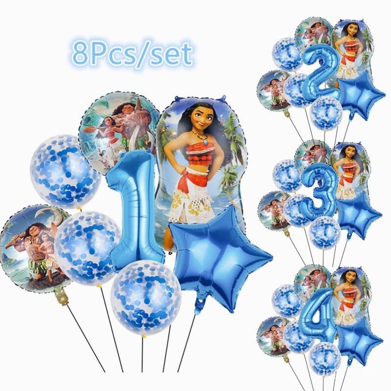 8 Pçs/set Disney Moana Tema 32 Polegada Número Azul Balões Foil Conjunto Meninas Decorações De Festa De Aniversário Chá
