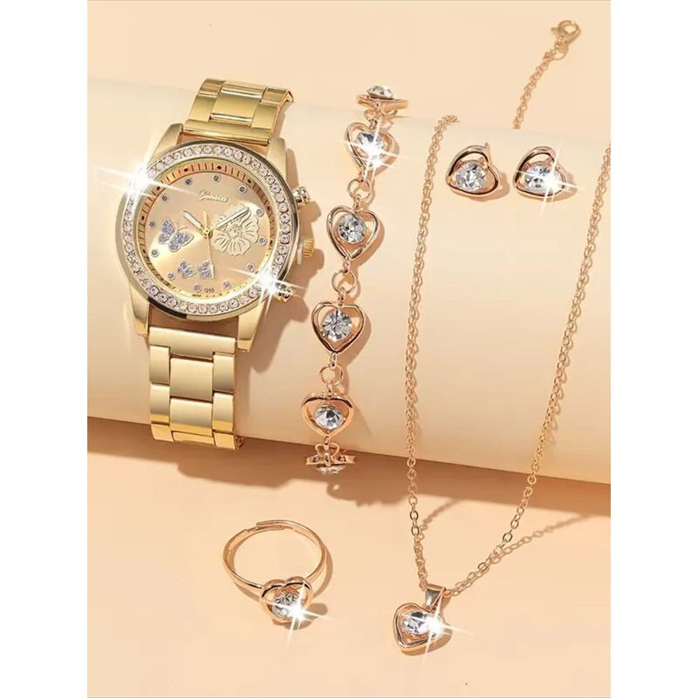 Relógio feminino All-Match bonito borboleta superfície banda de aço relógio de quartzo + amor coração strass conjunto de