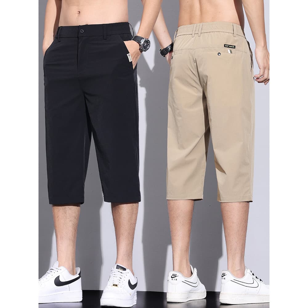 Calças cortadas casuais masculinas verão 2025 estilo fino seda gelo legal sobre o joelho calças médias retas Street Wear