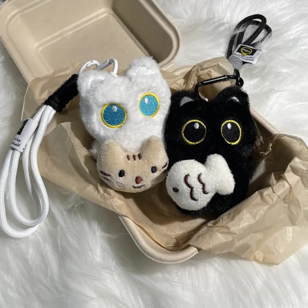 ((Chaveiro) Preto Branco Desdentado Chave Bolsa Escolar Pingente Bonito Abraço Pequeno Peixe Olho Grande Gato Preto Ping