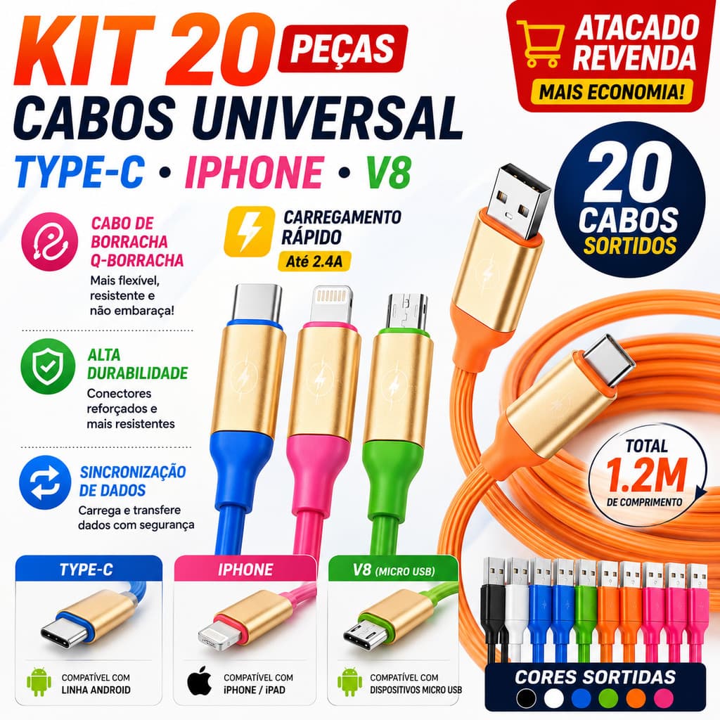 Atacado Kit 20 Cabo Carregador Dados Emborrachado | USB Tipo-C, V8 e iPhone Lightning | Carregamento Rápido